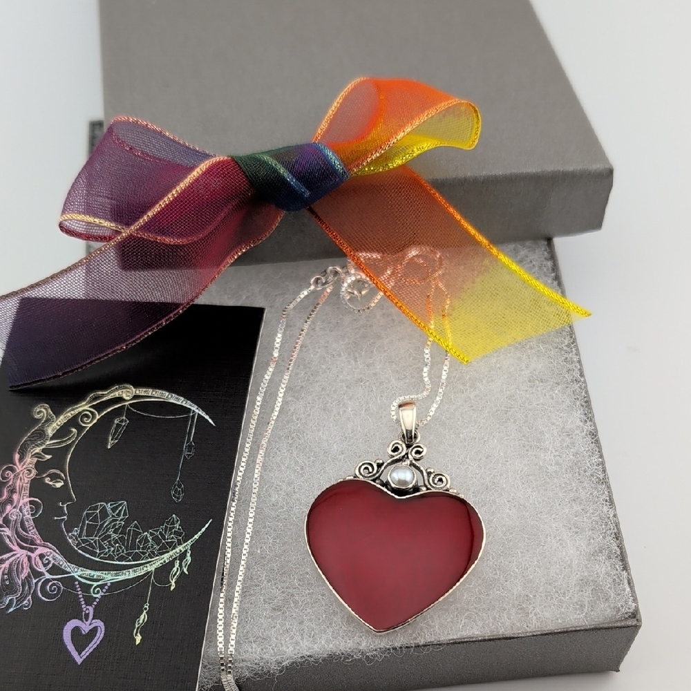 Sterling Silver Heart Pendant Necklace with Red Coral And Pearl - Picture 2 of 6